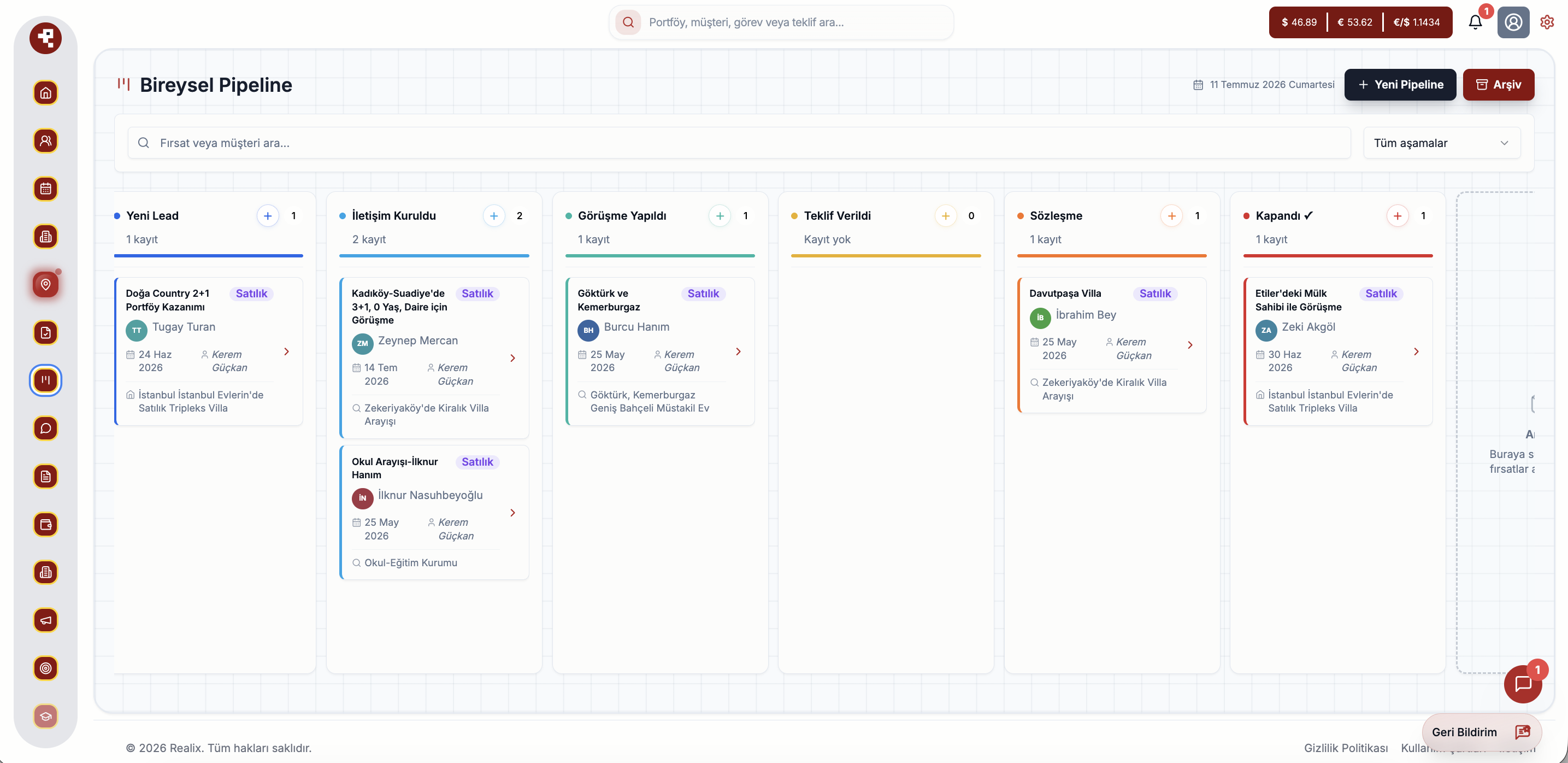 Realix Pipeline kanban görünümü